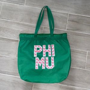 Green Phi Mu zipper tote bag